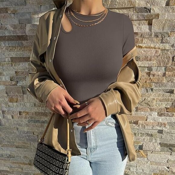 OQQ Cut-out Long Sleeve Bodysuit in Various Colors NEW - Picture 1 of 3
